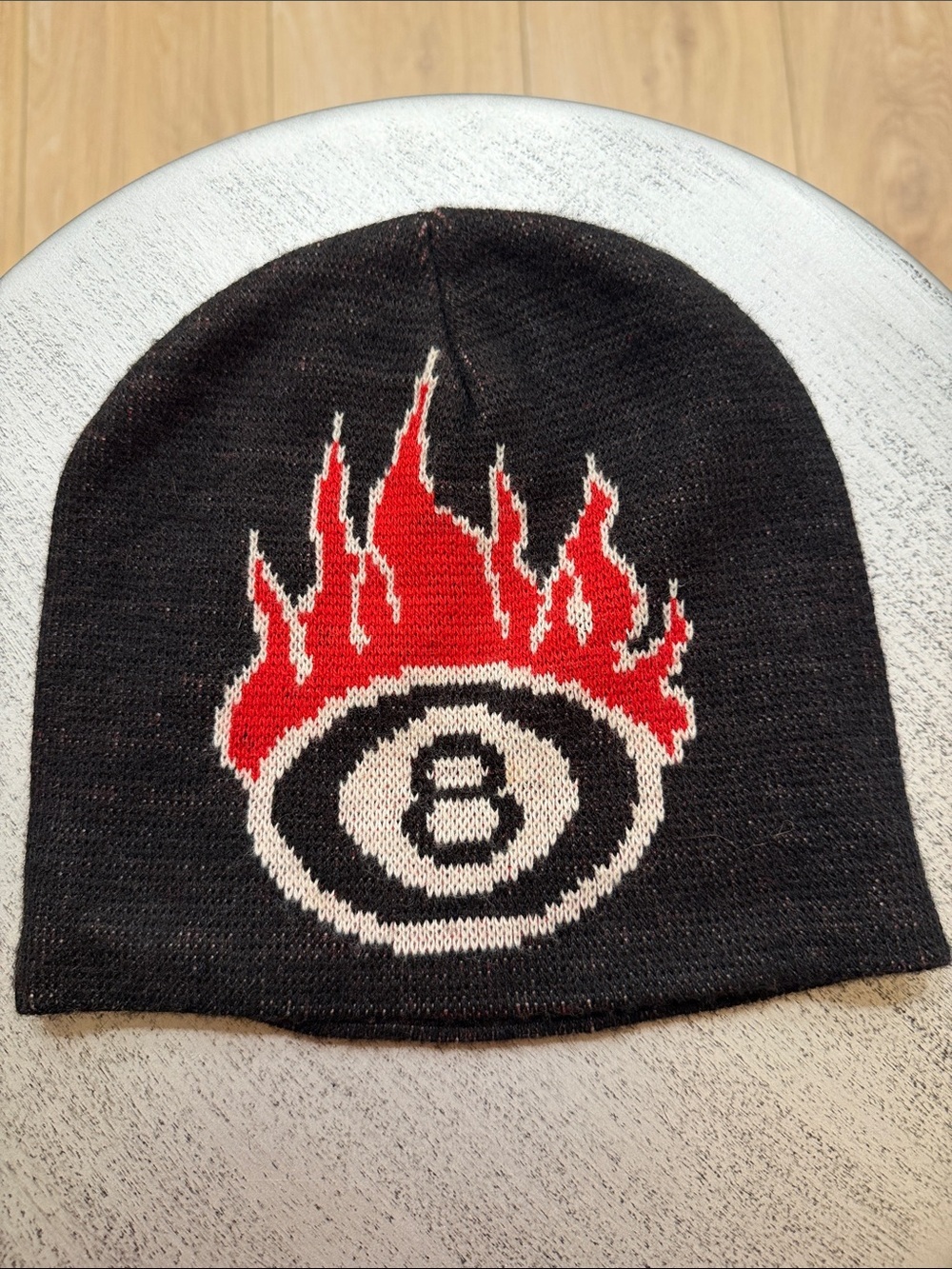 Black Beanie with Red Flame Eight-Ball Graphic